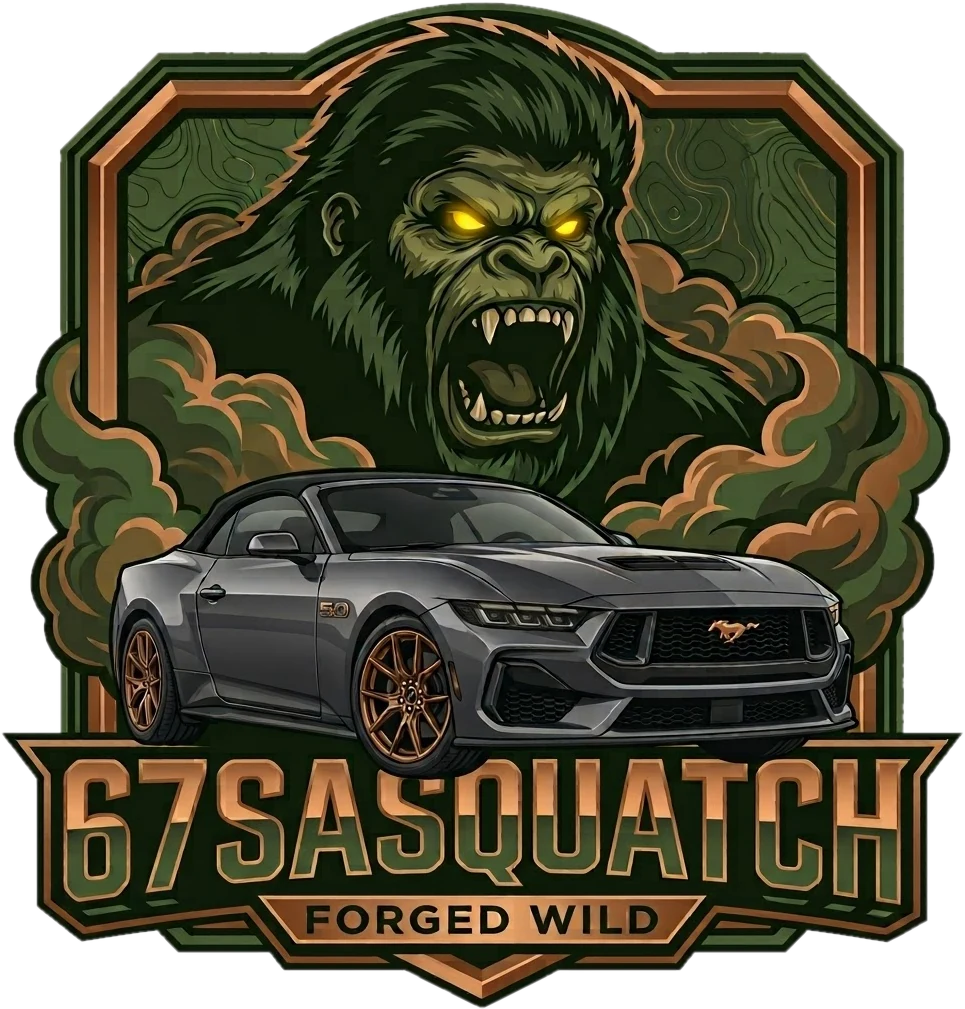 67SASQUATCH Forged Wild badge: a roaring olive sasquatch behind a gray Mustang GT convertible with bronze wheels